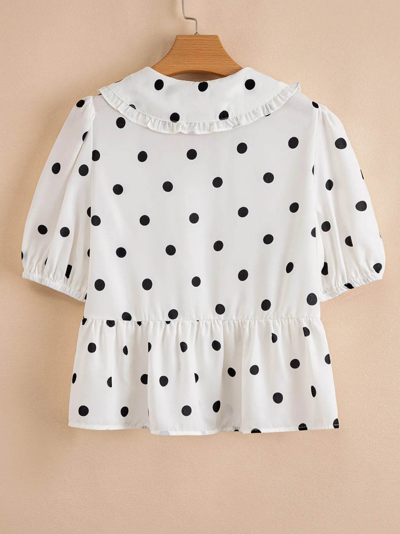 Polka Dot Peplum Top with Collared Puff Sleeves - EBYNN