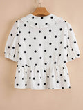 Polka Dot Peplum Top with Collared Puff Sleeves - EBYNN