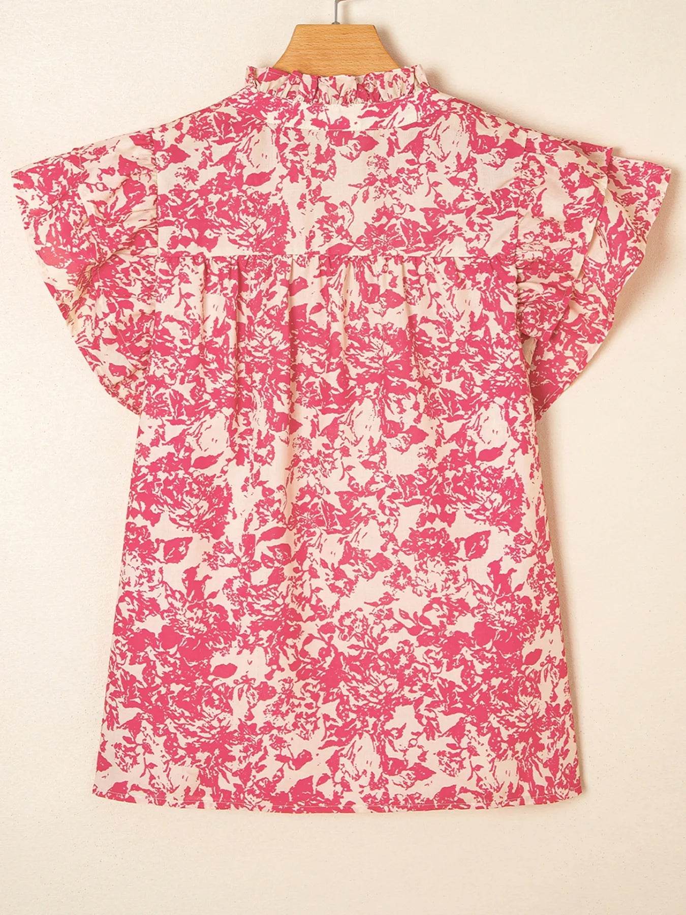 Printed Ruffle Sleeve Blouse with Half Button Neck Detail - EBYNN