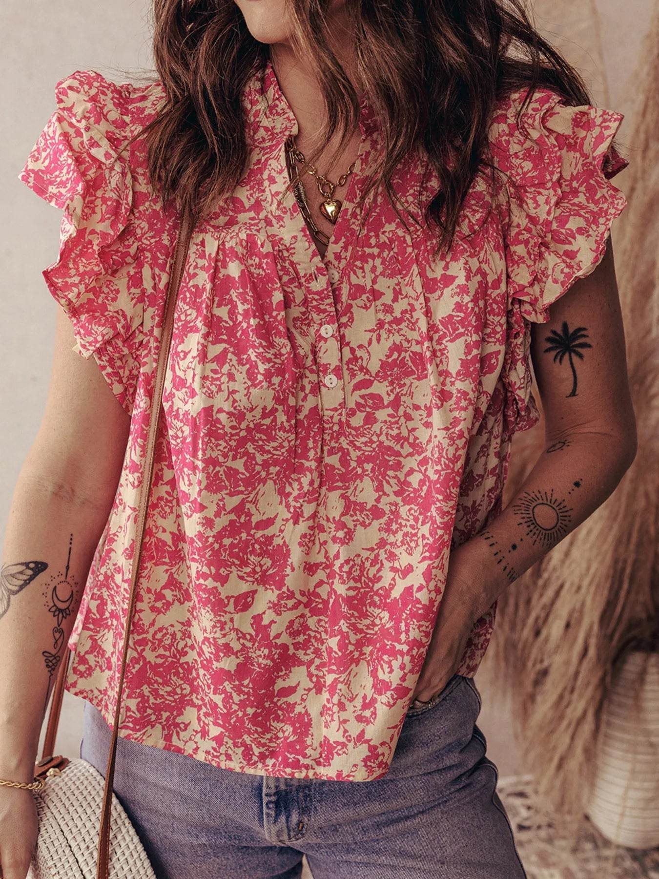 Printed Ruffle Sleeve Blouse with Half Button Neck Detail - EBYNN