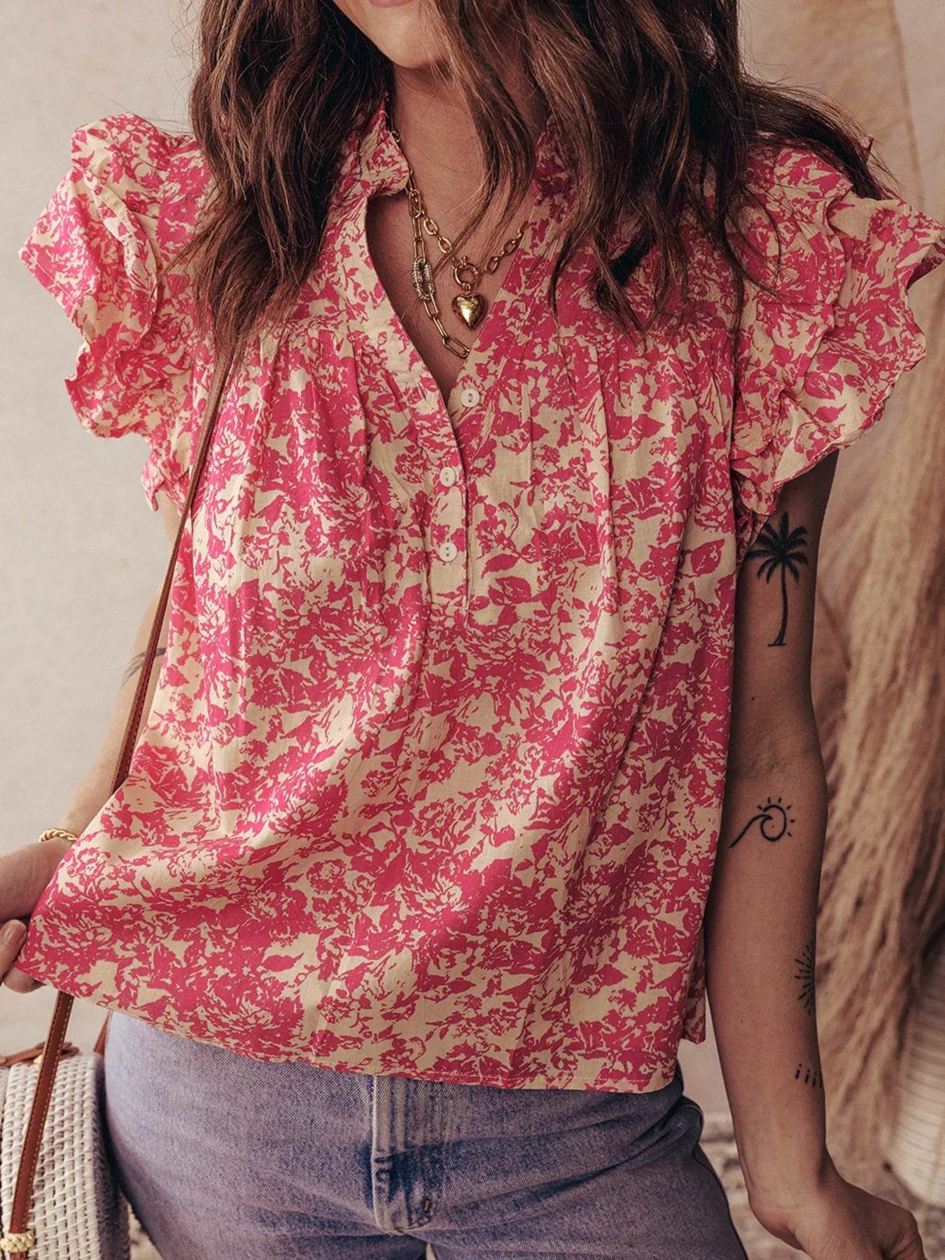 Printed Ruffle Sleeve Blouse with Half Button Neck Detail - EBYNN