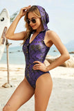 Printed Half Zip Hooded One-Piece Swimwear - EBYNN
