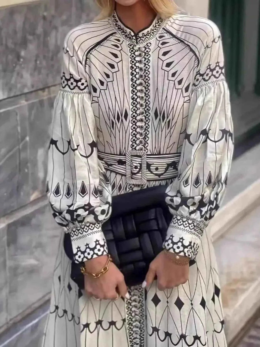 Printed Long Sleeve Shirt Dress with Belt.