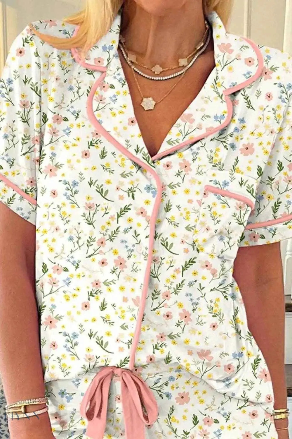 Printed Lounge Set for Women with Pink Cherries & Bows - EBYNN