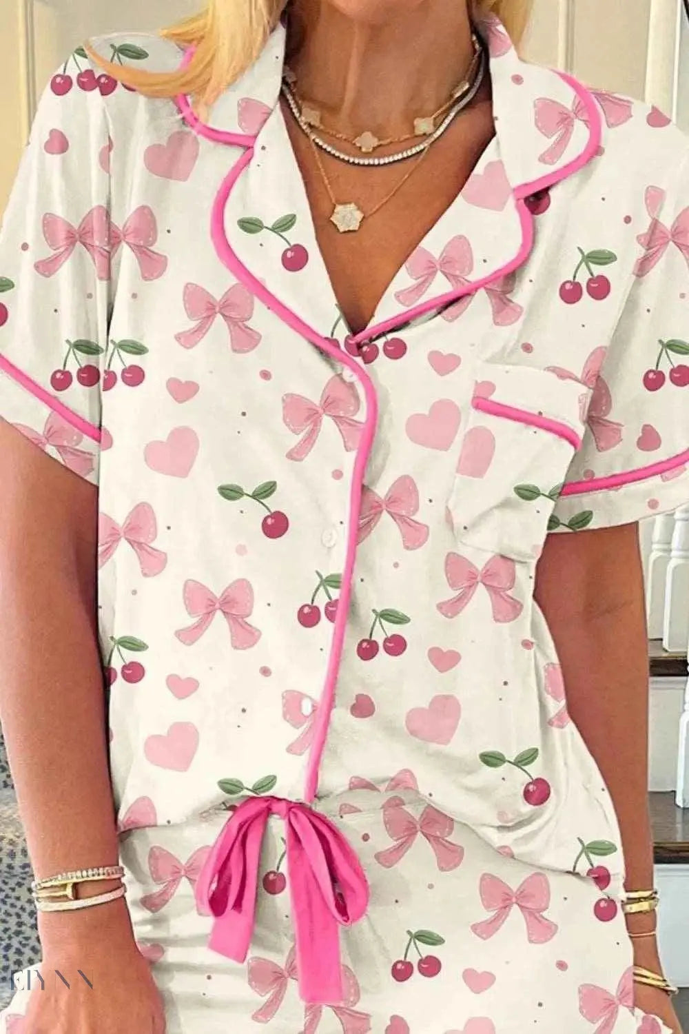 Printed Lounge Set for Women with Pink Cherries & Bows - EBYNN