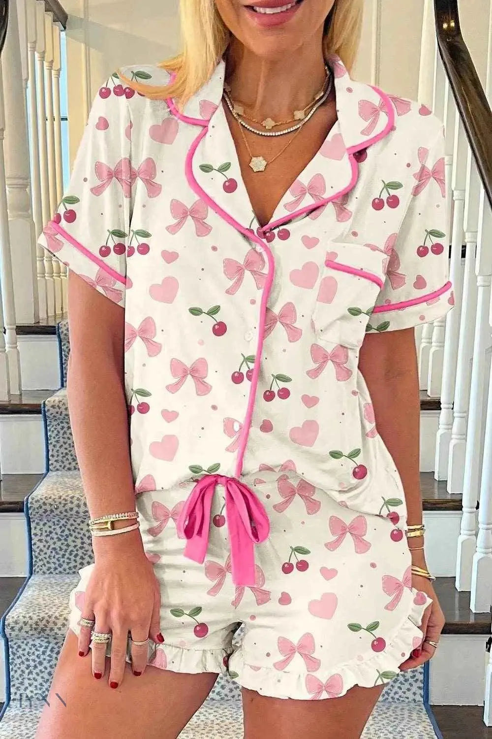 Printed Lounge Set for Women with Pink Cherries & Bows - EBYNN