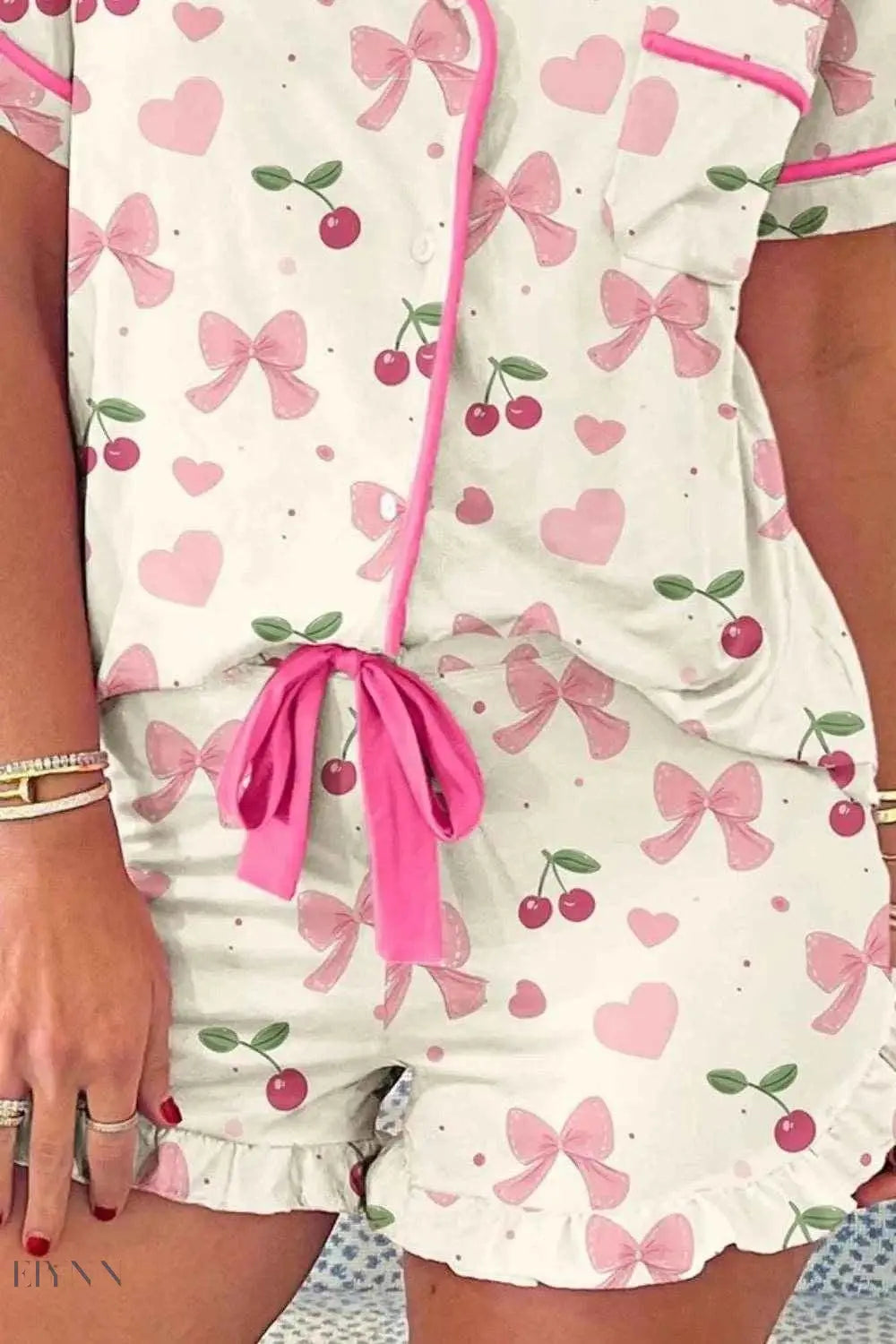 Printed Lounge Set for Women with Pink Cherries & Bows - EBYNN