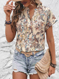 Printed Short Sleeve Blouse with Notched Detail - EBYNN