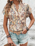 Printed Short Sleeve Blouse with Notched Detail - EBYNN