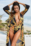 Printed Plunge One Piece Swimsuit with Baroque Design - EBYNN