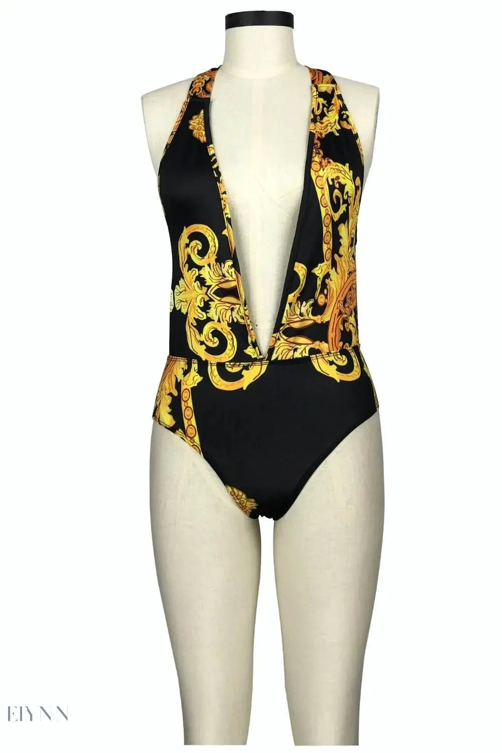 Printed Plunge One Piece Swimsuit with Baroque Design - EBYNN
