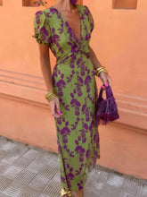 Printed Plunge Short Sleeve Midi Dress.