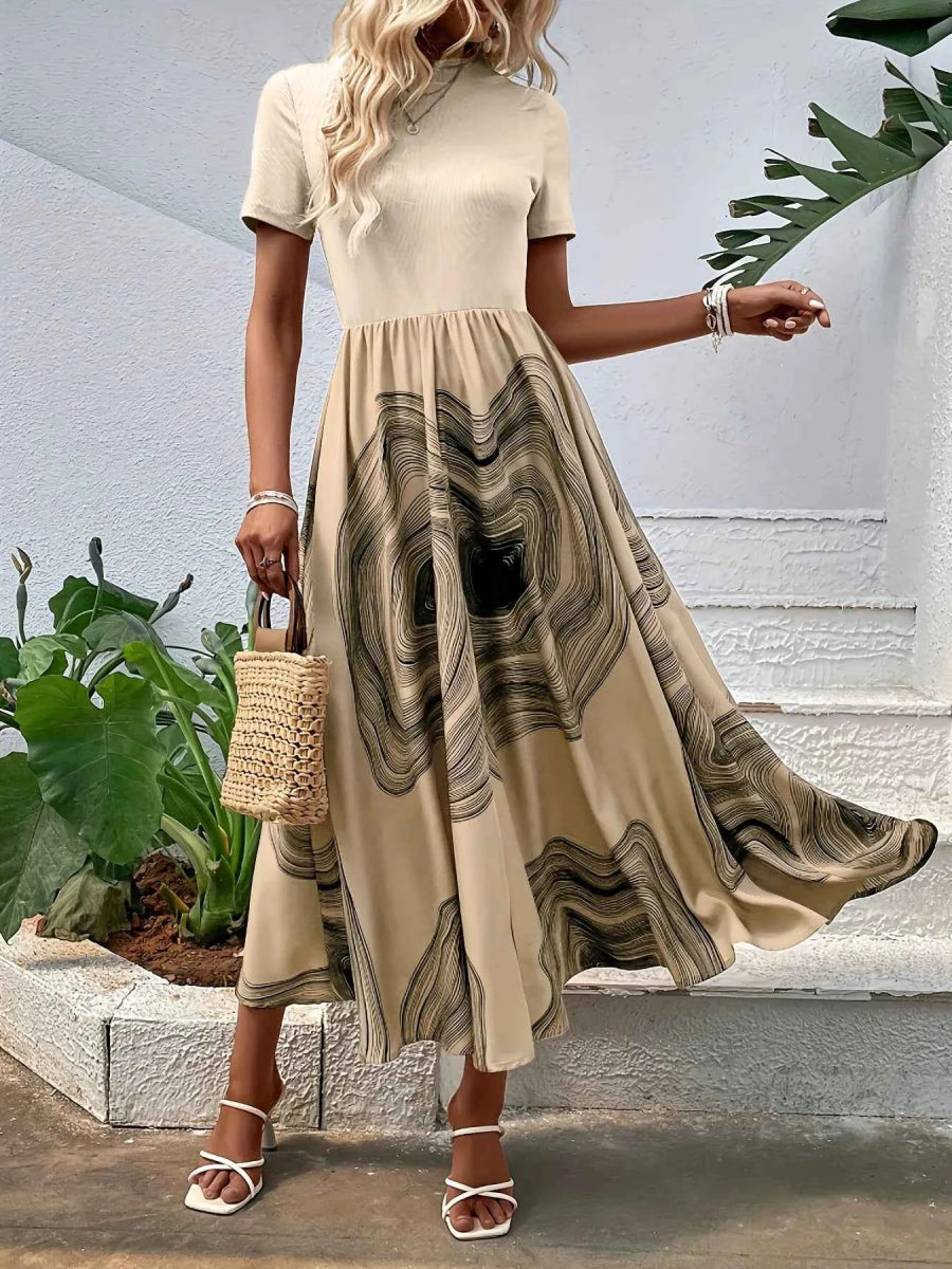 Printed Round Neck Short Sleeve Dress.