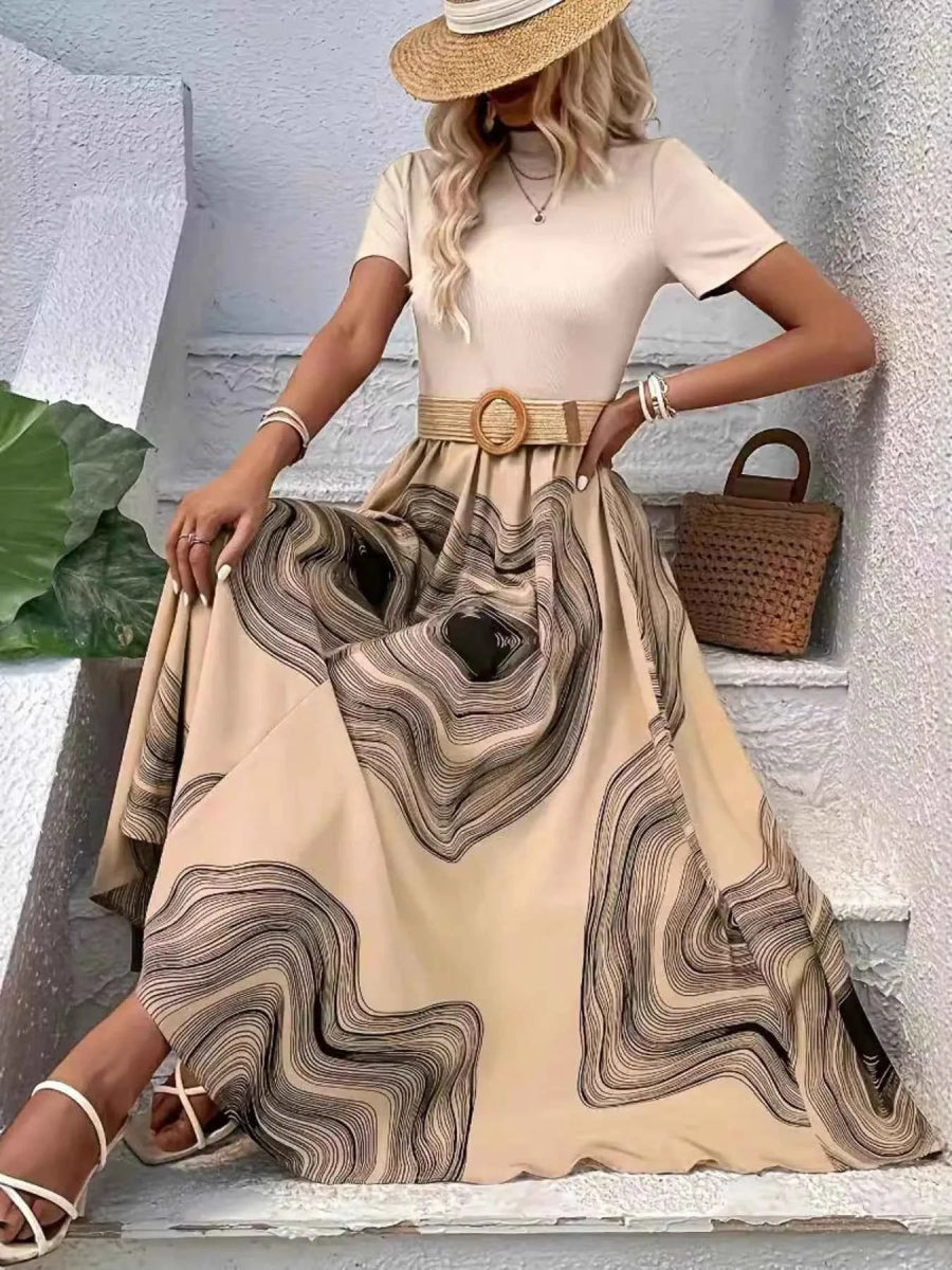 Printed Round Neck Short Sleeve Dress.