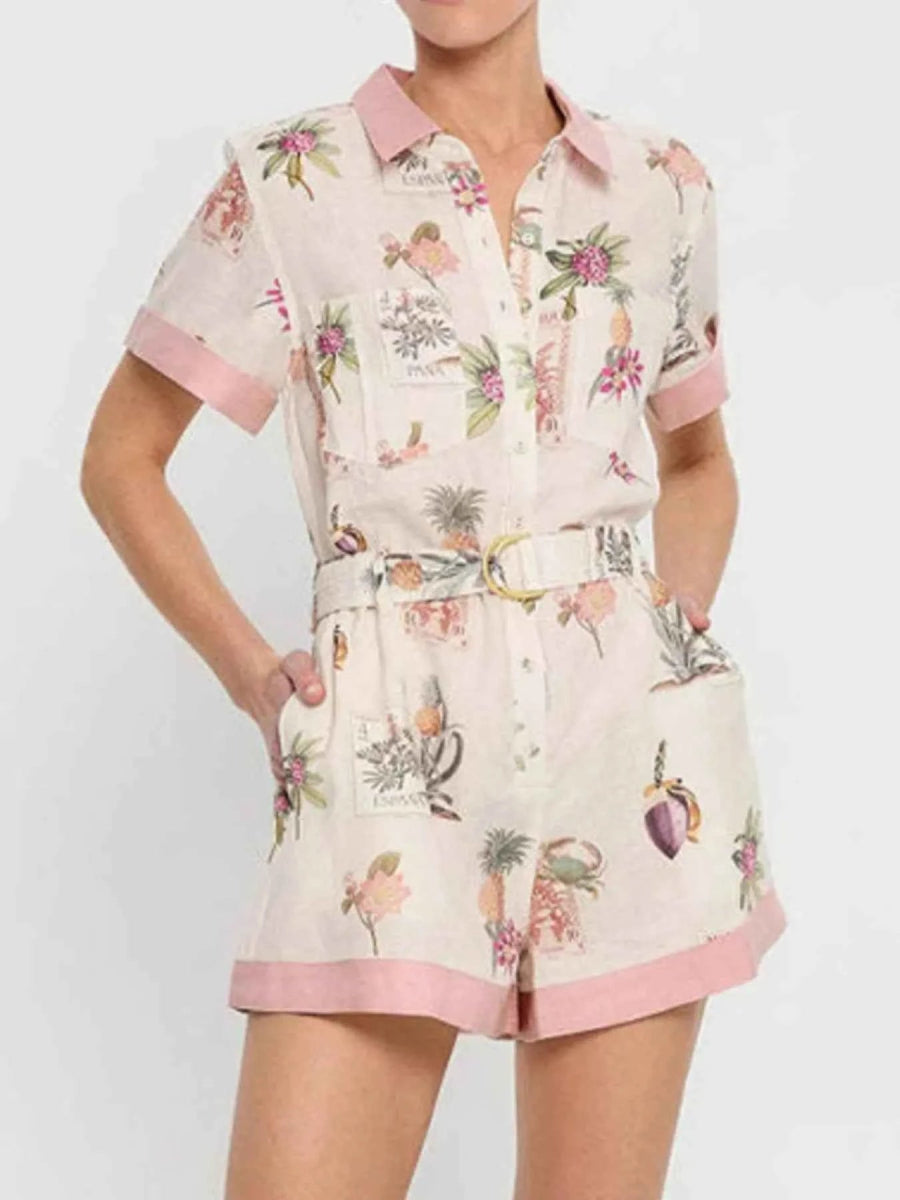 Printed Short Sleeve Romper with Belt.