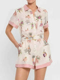 Printed Short Sleeve Romper with Belt.