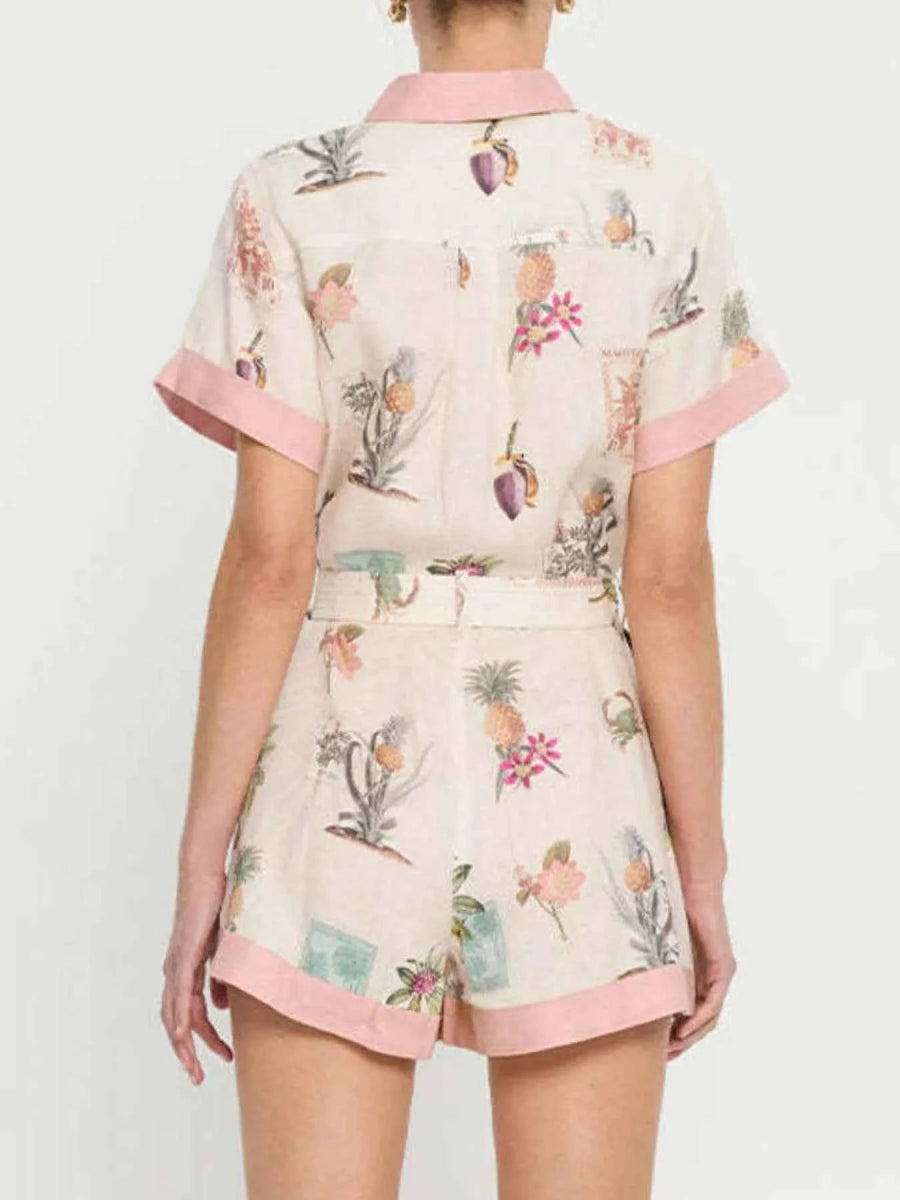 Printed Short Sleeve Romper with Belt.