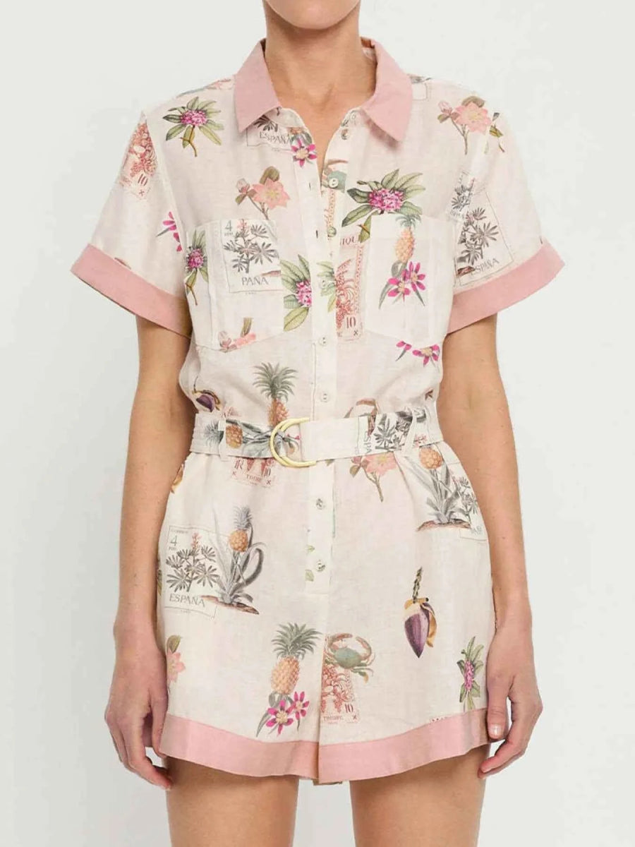 Printed Short Sleeve Romper with Belt.