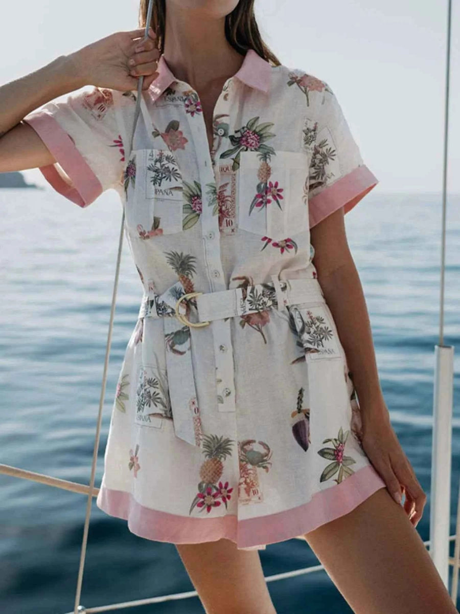 Printed Short Sleeve Romper with Belt.