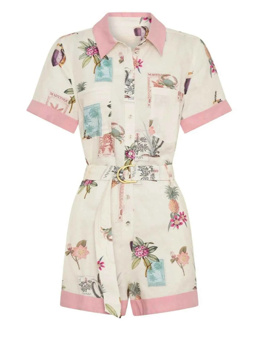 Printed Short Sleeve Romper with Belt.