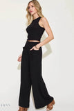 Basic Ribbed Tank Pants Set - Full Size Ribbed Tank and Wide Leg Pants Set - EBYNN