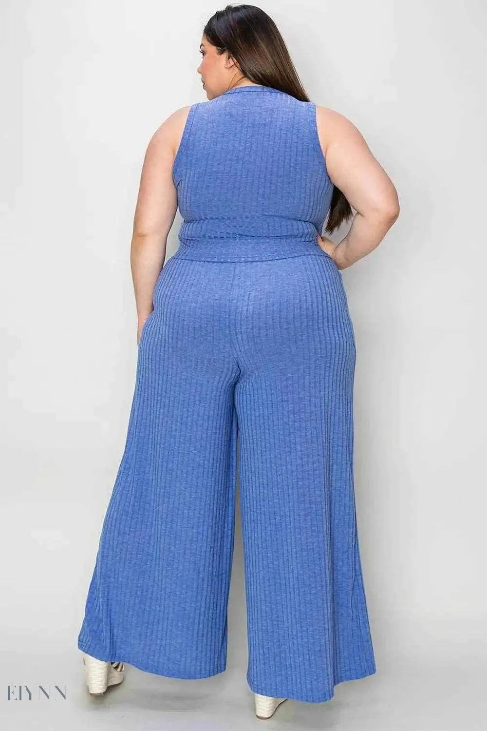 Basic Ribbed Tank Pants Set - Full Size Ribbed Tank and Wide Leg Pants Set - EBYNN