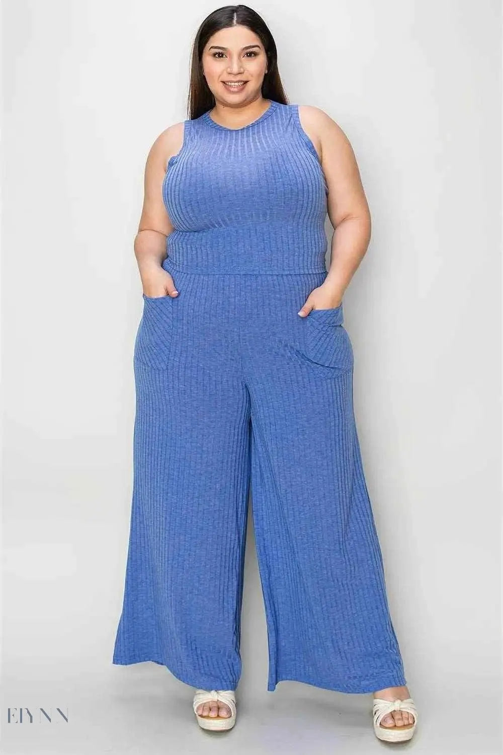 Basic Ribbed Tank Pants Set - Full Size Ribbed Tank and Wide Leg Pants Set - EBYNN