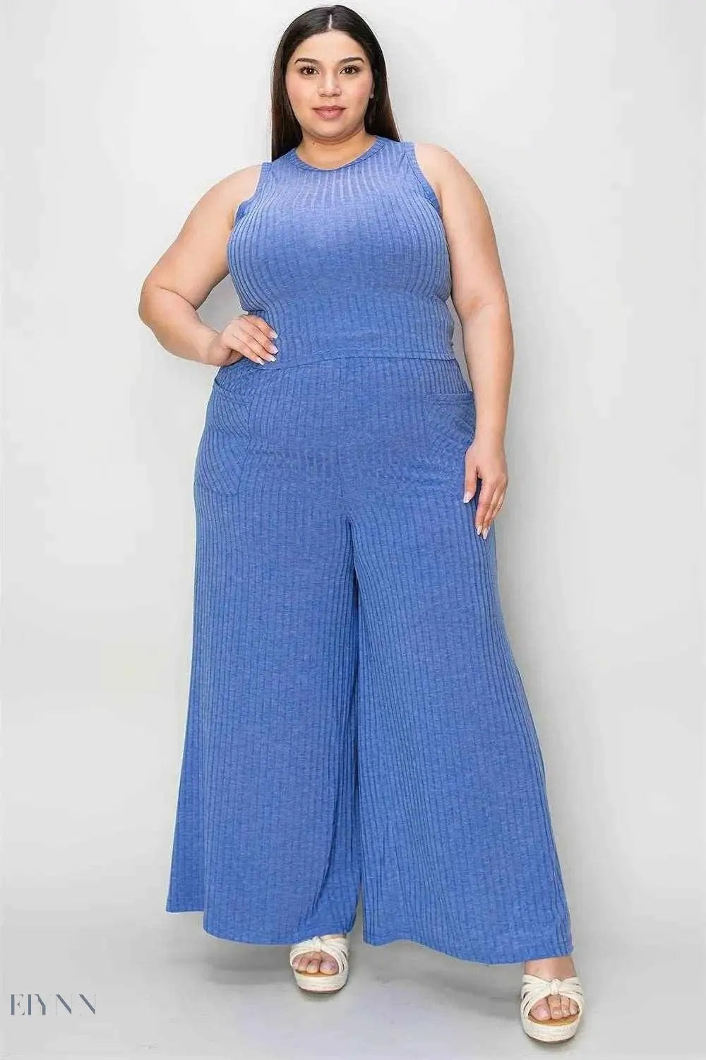 Basic Ribbed Tank Pants Set - Full Size Ribbed Tank and Wide Leg Pants Set - EBYNN