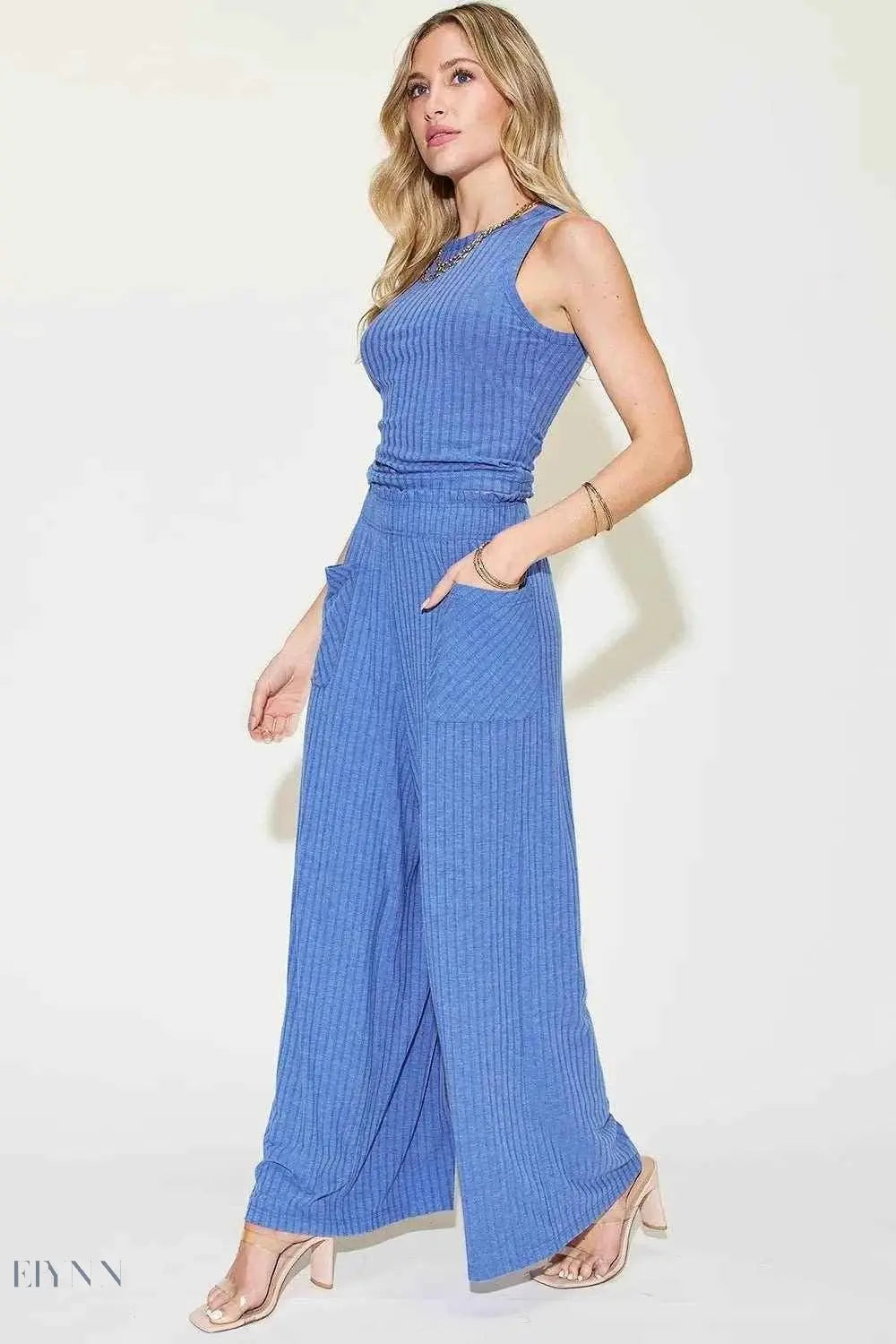 Basic Ribbed Tank Pants Set - Full Size Ribbed Tank and Wide Leg Pants Set - EBYNN