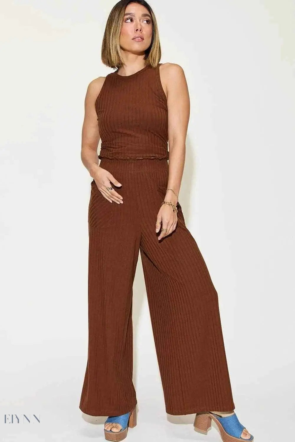 Basic Ribbed Tank Pants Set - Full Size Ribbed Tank and Wide Leg Pants Set - EBYNN