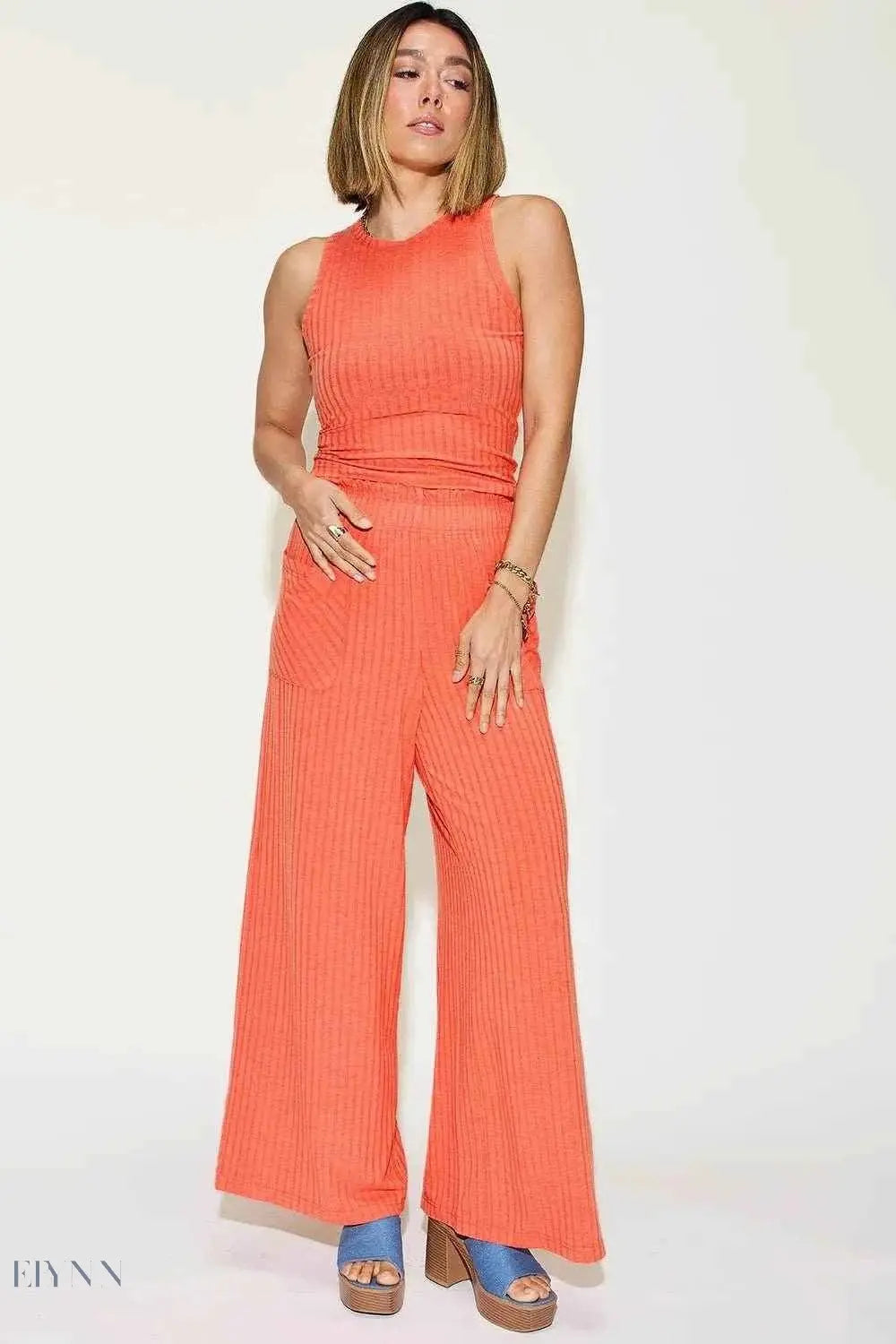 Basic Ribbed Tank Pants Set - Full Size Ribbed Tank and Wide Leg Pants Set - EBYNN