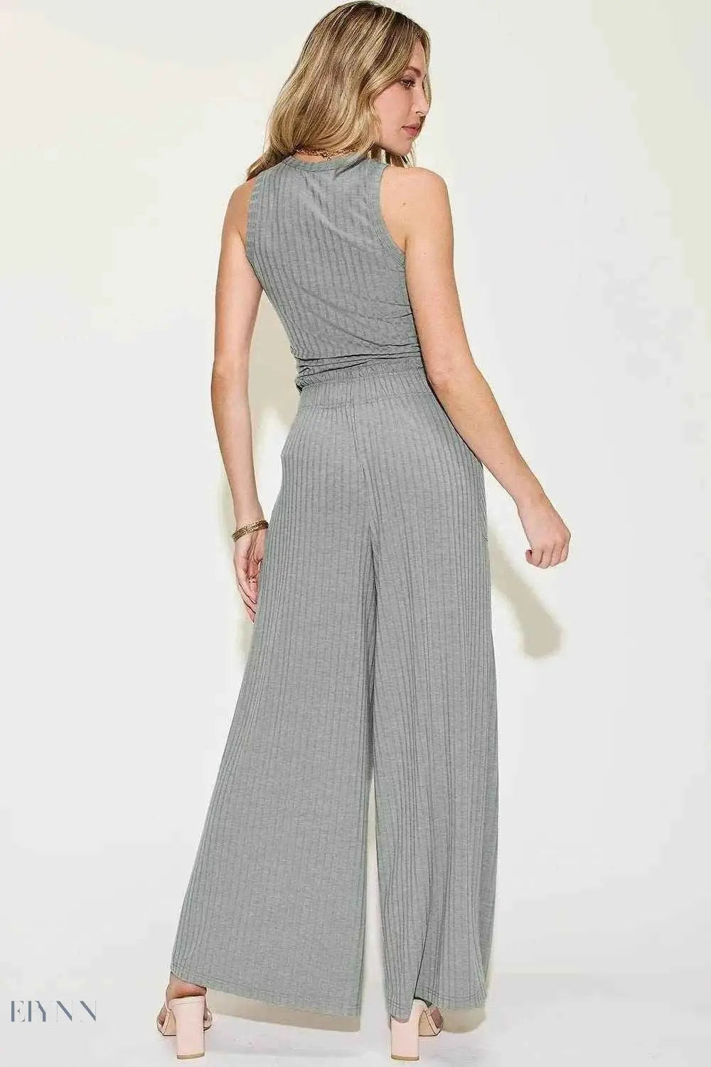 Basic Ribbed Tank Pants Set - Full Size Ribbed Tank and Wide Leg Pants Set - EBYNN