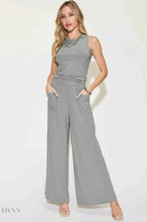Basic Ribbed Tank Pants Set - Full Size Ribbed Tank and Wide Leg Pants Set - EBYNN
