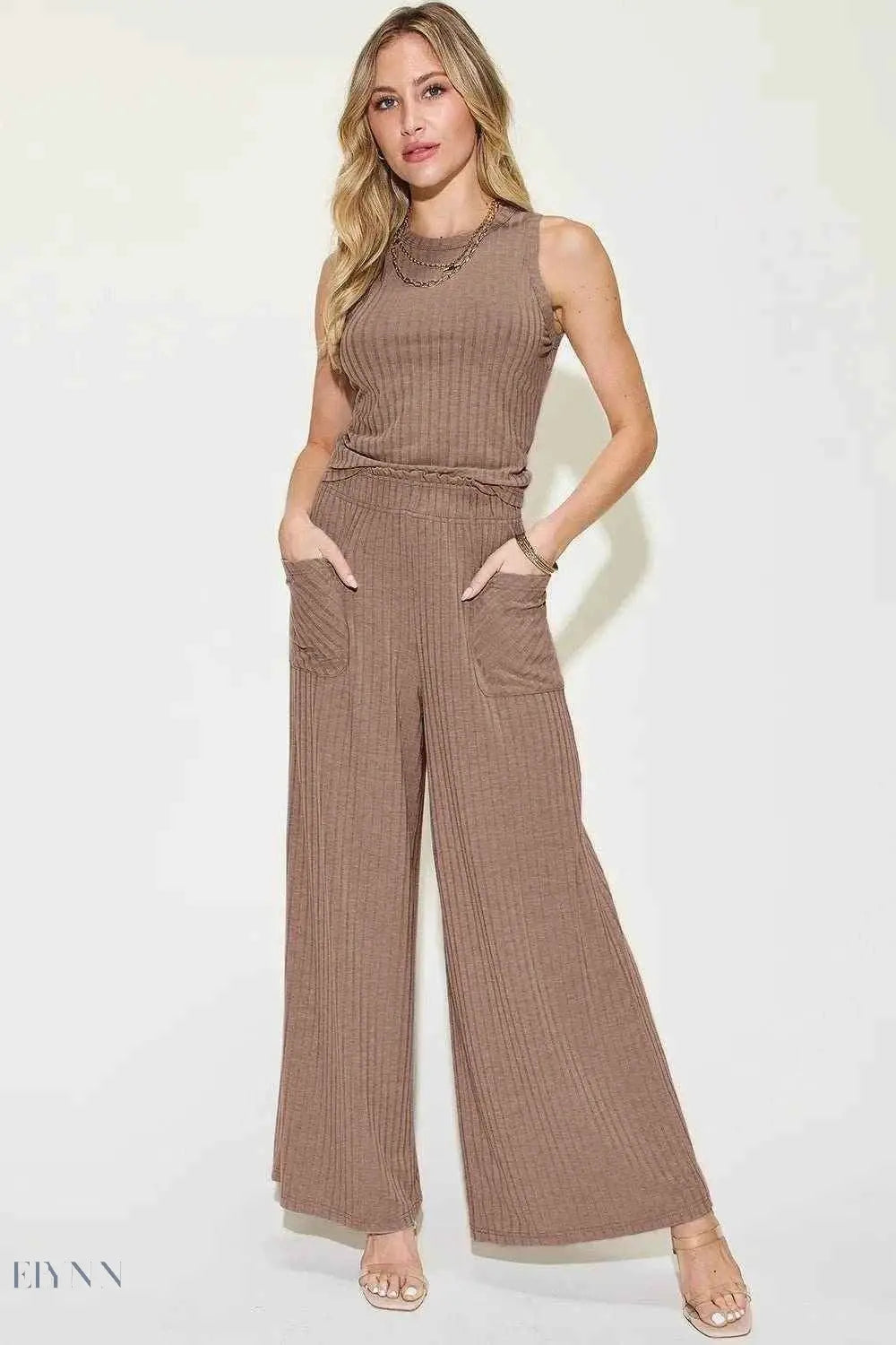 Basic Ribbed Tank Pants Set - Full Size Ribbed Tank and Wide Leg Pants Set - EBYNN