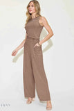 Basic Ribbed Tank Pants Set - Full Size Ribbed Tank and Wide Leg Pants Set - EBYNN