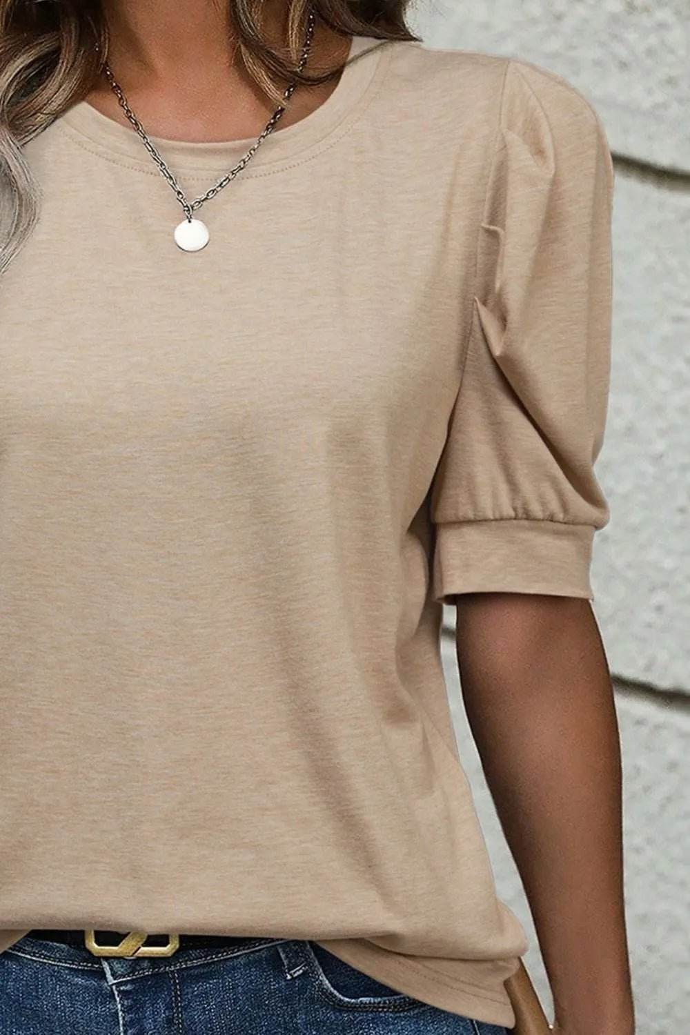 Round Neck Puff Sleeve T-Shirt for Effortless Casual Style - EBYNN