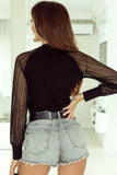 Chic Round Neck Semi-Sheer Sleeve Blouse.