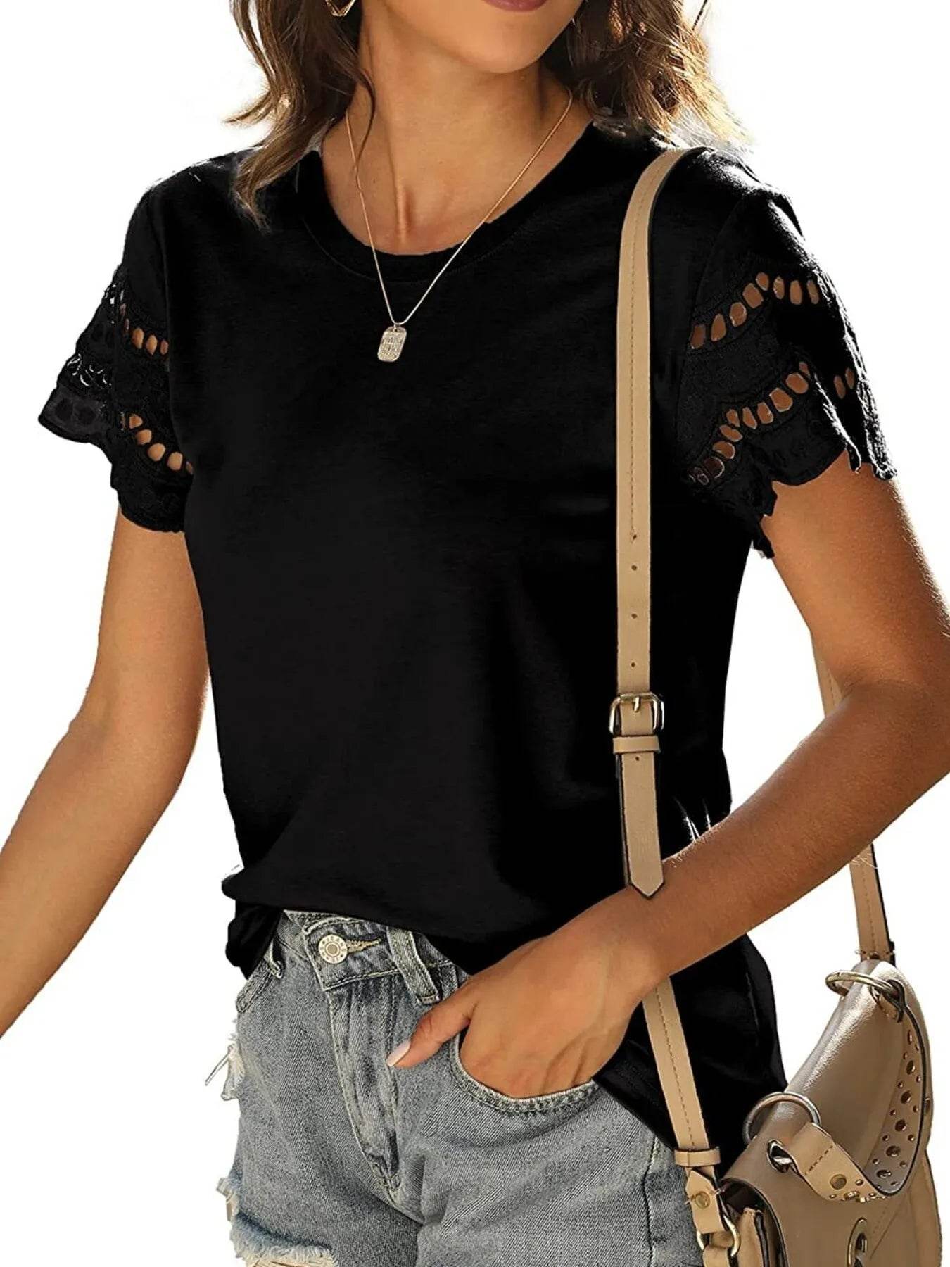 Lace Detail T-Shirt with Round Neck and Short Sleeves - EBYNN