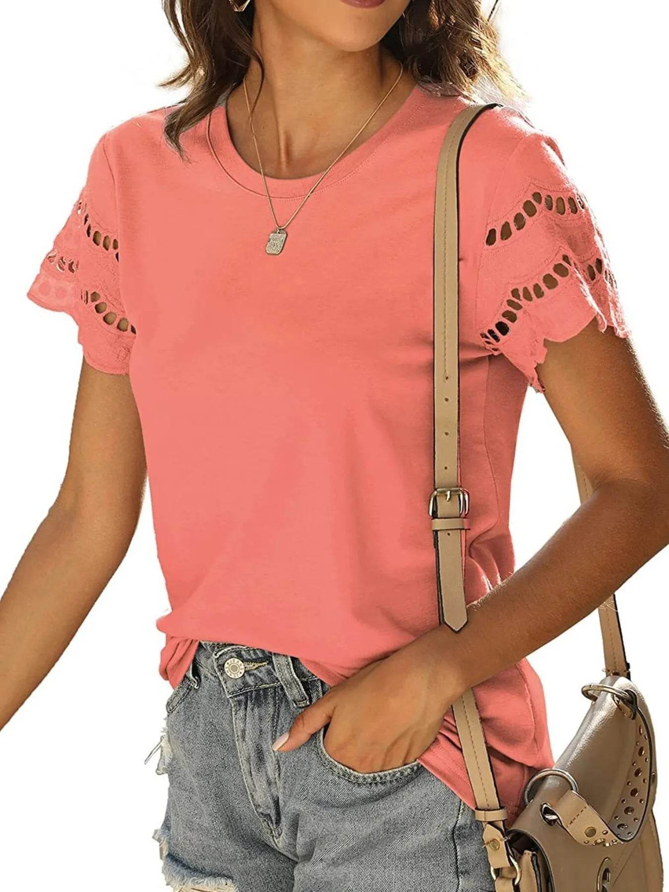 Lace Detail T-Shirt with Round Neck and Short Sleeves - EBYNN