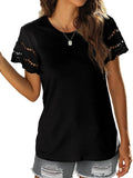 Lace Detail T-Shirt with Round Neck and Short Sleeves - EBYNN