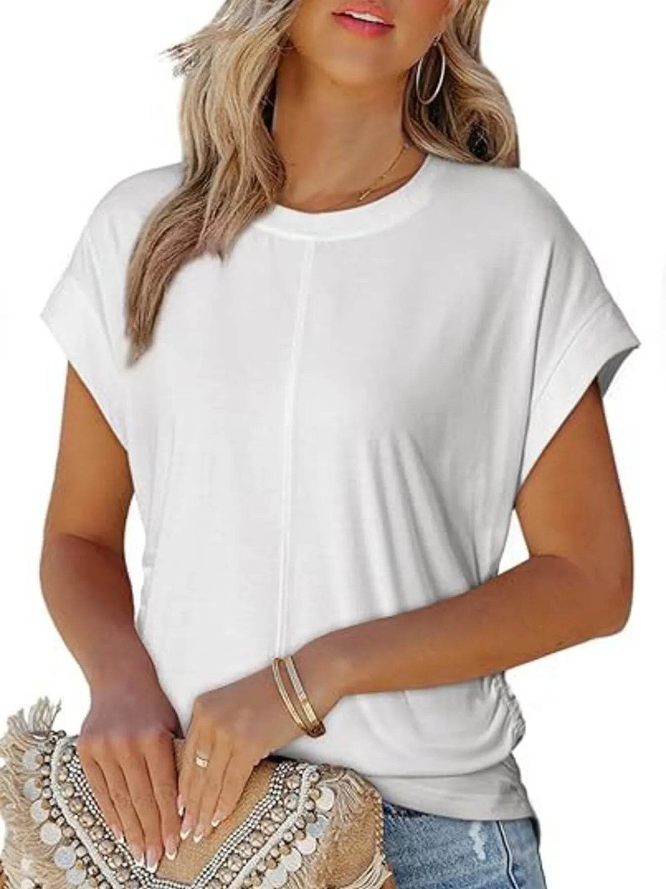 Round Neck Ruched T-Shirt with Short Sleeves for Effortless Style - EBYNN