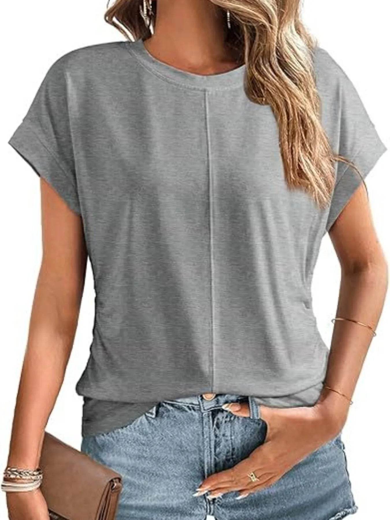 Round Neck Ruched T-Shirt with Short Sleeves for Effortless Style - EBYNN