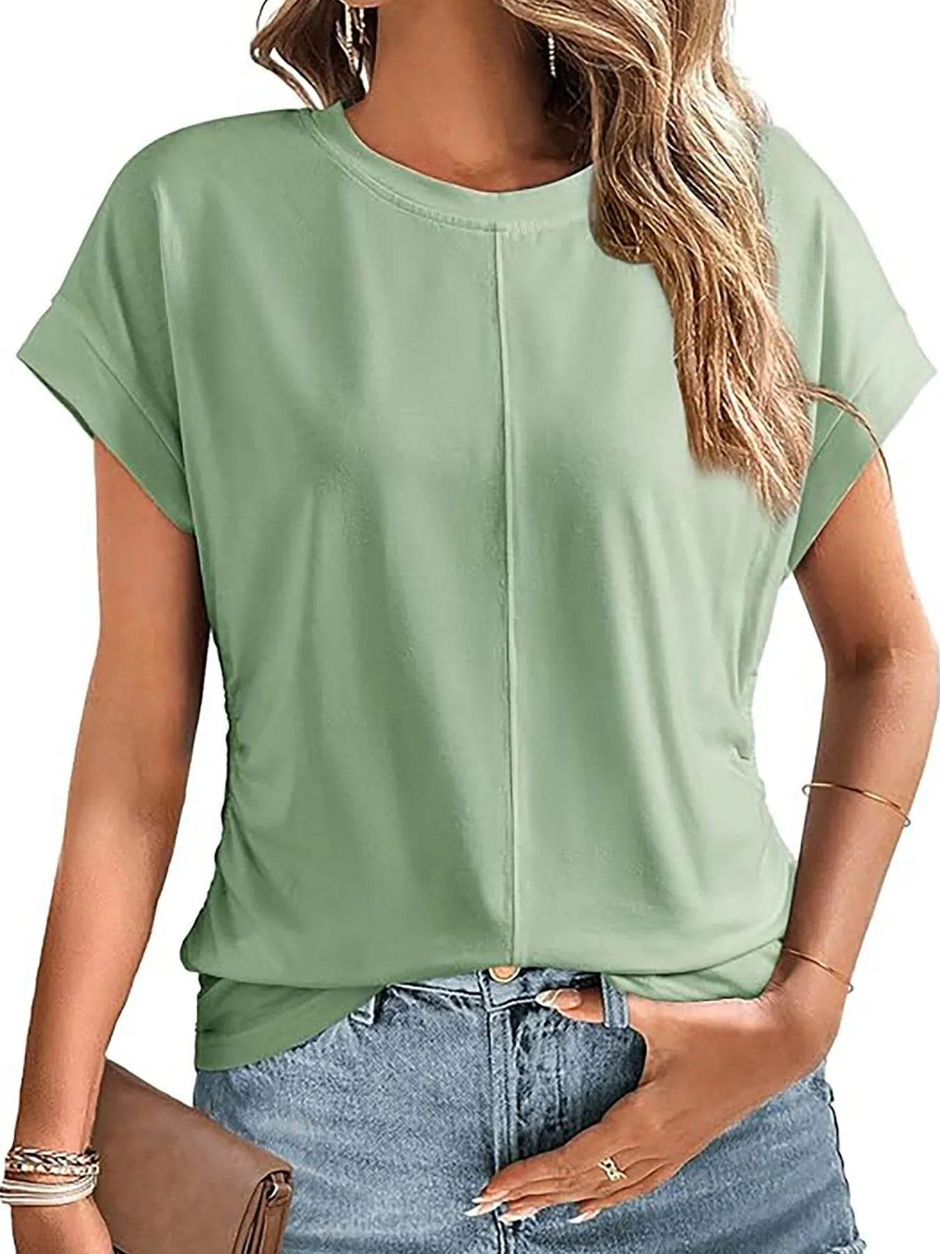 Round Neck Ruched T-Shirt with Short Sleeves for Effortless Style - EBYNN