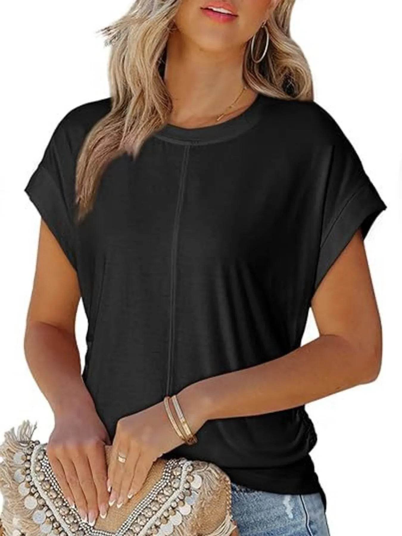 Round Neck Ruched T-Shirt with Short Sleeves for Effortless Style - EBYNN