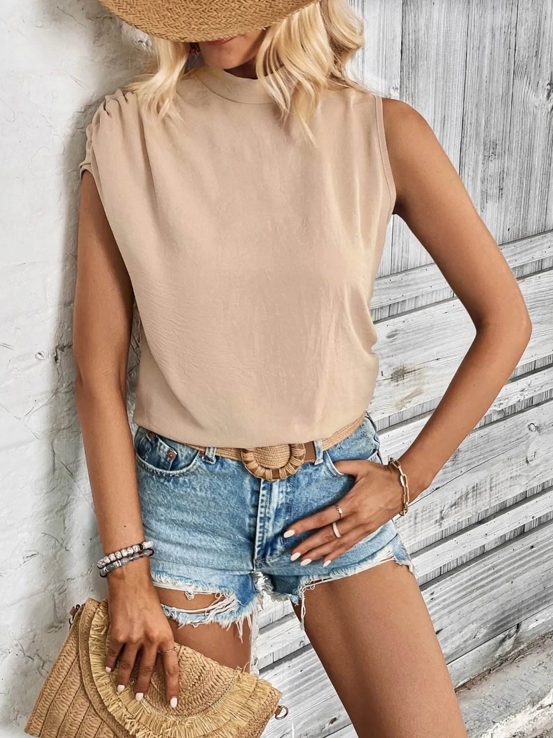 Ruched Shoulder Mock Neck Top for Effortless Style - EBYNN