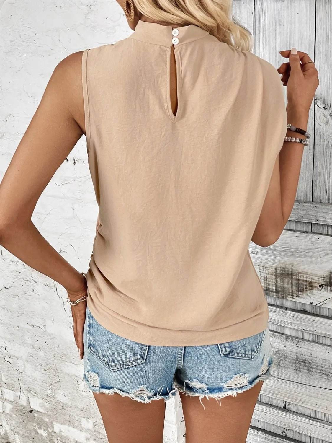Ruched Shoulder Mock Neck Top for Effortless Style - EBYNN