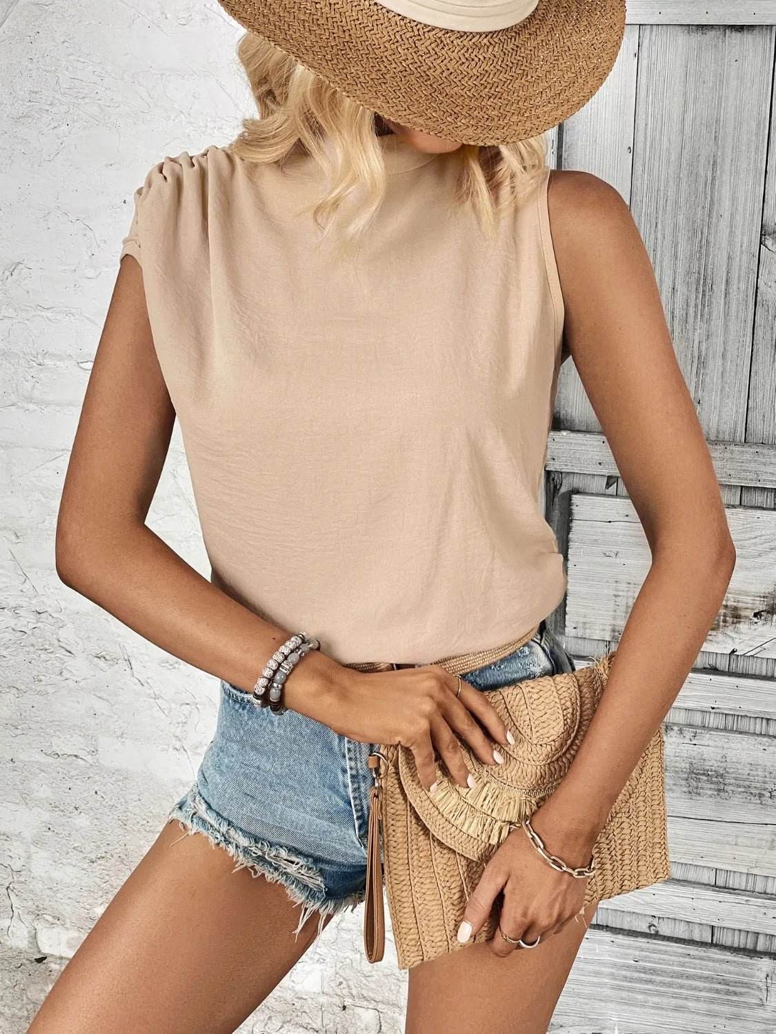 Ruched Shoulder Mock Neck Top for Effortless Style - EBYNN