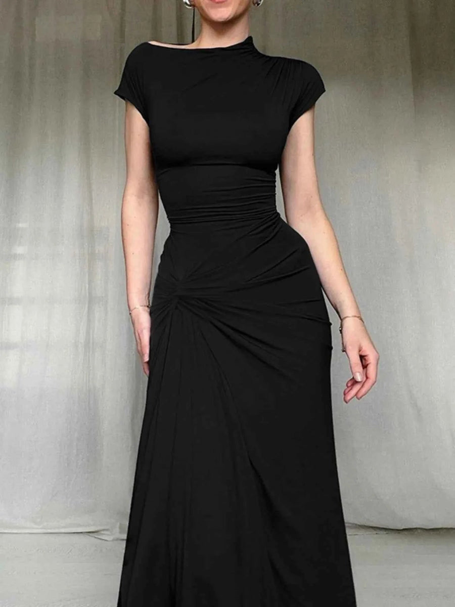 Ruched Slit Cap Sleeve Maxi Dress.