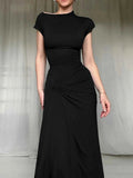 Ruched Slit Cap Sleeve Maxi Dress.