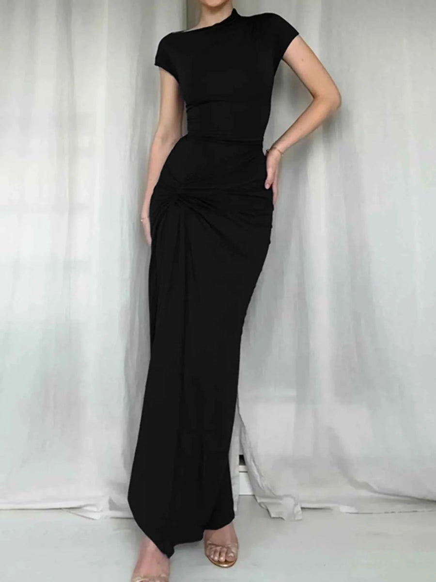 Ruched Slit Cap Sleeve Maxi Dress.
